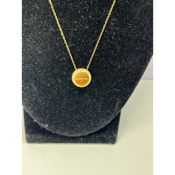 Michael Kors Gold-Tone Pave Crystal Logo Disc Pendant Necklace - Authentic - Picture 1 of 14